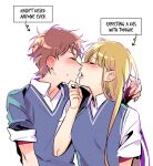  2girls absurdres arrow_(symbol) blonde_hair blue_sweater blue_sweater_vest blush closed_eyes collared_shirt curryuku english_text hanna_schulerin hasn&#039;t_kissed_anyone_ever_vs_expecting_a_kiss_with_tongue_(meme) highres imminent_kiss long_hair meme multiple_girls not_so_shoujo_love_story profile rei_(not_so_shoujo_love_story) school_uniform shirt short_sleeves simple_background sleeves_rolled_up sweatdrop sweater sweater_vest upper_body white_background white_shirt yuri 