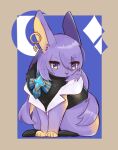  animal animal_ear_piercing animalization black_vest border bow closed_mouth clothed_animal crescent earrings grey_border hololive hololive_indonesia jewelry komi_(smcg7337) looking_to_the_side moona_hoshinova moona_hoshinova_(1st_costume) no_humans nostrils purple_eyes purple_hair rabbit sitting solo striped_bow vest whiskers 