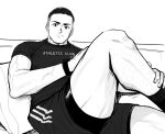  1boy bara clothes_writing frown greyscale knee_up leg_up leggings_under_shorts looking_at_viewer male_focus monochrome muscular muscular_male original pectorals short_hair sideburns sitting solo sparse_leg_hair sportswear thick_eyebrows thick_thighs thighs yottsuu_(wgnd2sywpqzrgjz) 