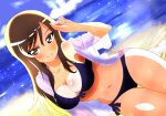  1girl absurdres beach bikini black_bikini blue_sky breasts brown_eyes brown_hair cleavage closed_mouth cloud cloudy_sky day dutch_angle front-tie_bikini_top front-tie_top girls_und_panzer hand_in_own_hair highres horizon kisaragi_shokuin long_hair looking_to_the_side medium_breasts mika_(girls_und_panzer) navel no_headwear ocean outdoors saturated shirt short_sleeves side-tie_bikini_bottom sitting sky smile solo swimsuit swimsuit_cover-up thigh_gap wet white_shirt 