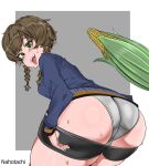  1girl amane_suzuha ass ass_focus ass_grab bike_shorts black_shorts blue_jacket braid brown_hair clothes_pull corn fingernails from_behind from_below grabbing green_eyes highres huge_ass jacket legs looking_at_viewer nahotachi open_mouth panties presenting_ass seductive_smile sexually_suggestive shorts shorts_pull simple_background smile solo standing steins;gate sweat sweatdrop teeth thick_thighs thighs tongue tongue_out track_jacket twin_braids underwear white_panties 