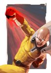  abs bald belt blank_eyes bodysuit cape clenched_hands cowboy_shot gloves glowing glowing_eyes glowing_fist male_focus muscle one-punch_man open_mouth punching red_gloves saitama_(one-punch_man) serious solo white_cape white_eyes wyv1 yellow_bodysuit 