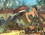  1girl :o absurdres armor armored_boots arrow asymmetrical_clothes bad_id bad_pixiv_id bare_shoulders battle belt blood boots bow_(weapon) breasts brown_eyes cleavage dark_skin deep_wound fashao_de_xiao garrison_cap hat highres injury jungle looking_to_the_side medium_breasts monster monster_hunter mountain nature quiver rathalos shoulder_armor spaulders squatting sword teeth thigh_boots thighhighs weapon wings 