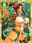  animal_print bangs bracelet breasts brown_hair facial_mark fang forehead_mark high_ponytail jewelry kaman large_breasts leopard_print long_hair lowres mikunashi_battle official_art open_mouth perky_breasts ryoji_(nomura_ryouji) sideboob single_thighhigh solo swept_bangs thigh_strap thighhighs 