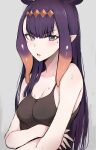  1girl absurdres black_shirt breasts cleavage crossed_arms grey_eyes highres hololive hololive_english long_hair looking_at_viewer mole mole_under_eye ninomae_ina&#039;nis pointy_ears purple_hair sak1_01 shirt sleeveless sleeveless_shirt small_breasts solo tentacle_hair very_long_hair virtual_youtuber 