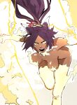  1girl absurdres alternate_form animal_ears bare_shoulders bent_over bleach bouncing_breasts breasts breasts_apart cat_ears covered_nipples dark-skinned_female dark_skin elbow_gloves electricity electrokinesis fangs fiery_background fiery_nipples fire floating_hair foot_out_of_frame forehead gloves hanging_breasts highres imminent_jump isaacchief300 large_breasts lightning looking_up nude open_mouth outstretched_arm parted_bangs ponytail purple_hair shihouin_yoruichi solo teeth thighhighs v-shaped_eyebrows yellow_eyes yellow_fire 