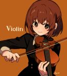  1girl arisa_(aren) artist_name black_dress black_eyes blush bow_(music) brown_eyes brown_hair closed_mouth collared_dress dress eyes_visible_through_hair holding holding_bow_(music) holding_instrument holding_violin instrument long_sleeves looking_at_object music orange_background original playing_instrument short_hair signature simple_background smile solo upper_body violin 