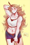  blonde_hair blush cowboy_shot curly_hair dumbbell flying_sweatdrops grin highres horn hoshiguma_yuugi long_hair looking_at_viewer mizuhashi_parsee multiple_girls muscle muscular_female one_eye_closed orz_(kagewaka) pointy_ears smile sparkle star sweat touhou 