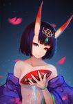  alcohol bad_id bad_pixiv_id black_hair bracelet collarbone demon_girl fate/grand_order fate_(series) hair_ornament highres horns japanese_clothes jewelry lips looking_at_viewer nooko oni petals purple_eyes shuten_douji_(fate/grand_order) solo 