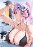  1girl :o absurdres adjusting_eyewear arm_under_breasts bikini bird black_bikini blue_archive blush breast_rest breasts cleavage collarbone commentary eimi_(blue_archive) eimi_(swimsuit)_(blue_archive) goggles goggles_on_head halo halterneck highres huge_breasts jacket long_hair looking_at_viewer official_alternate_costume penguin pink_eyes pink_hair pink_halo pink_jacket ponytail shinkai_toro ski_goggles skindentation solo swimsuit wet wet_clothes wet_swimsuit 