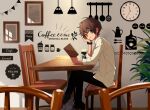 1boy arisa_(aren) black_eyes black_pants brown_hair cafe chair clock closed_mouth collared_shirt commentary crossed_legs cup dial earrings foot_out_of_frame hand_on_own_face head_rest highres holding indoors jewelry light_smile long_sleeves looking_at_viewer male_focus menu on_chair orange_eyes original pants picture_frame plant potted_plant shirt short_hair sitting sleeves_pushed_up solo sunlight table turning_head watch white_shirt wooden_chair wooden_table wristwatch 