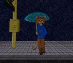 anthro blue_clothing blue_hoodie blue_topwear bored bus_stop bus_stop_sign calico_cat clothing domestic_cat felid feline felis furei97 hi_res hoodie male mammal night oscar_(furei97) raining topwear umbrella