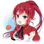  1girl :d bad_id bad_pixiv_id bangs blush blush_stickers breasts chibi clenched_hand cravat creature elesis_(elsword) elsword eyebrows eyebrows_visible_through_hair fang food free_knight_(elsword) fruit long_hair looking_at_viewer mandarin_orange medium_breasts open_mouth pinb ponytail puffy_short_sleeves puffy_sleeves red_eyes red_hair short_sleeves smile solo upper_body white_background 