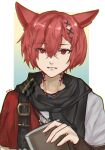  1boy animal_ears black_scarf book cat_ears eyebrows_hidden_by_hair final_fantasy final_fantasy_xiv g&#039;raha_tia hair_between_eyes hair_over_one_eye highres holding holding_book lips looking_at_viewer moku_buffmm multiple_necklaces neck_tattoo red_eyes red_hair red_shirt scarf shirt signature simple_background smile solo tattoo teeth two-tone_shirt upper_body white_shirt 