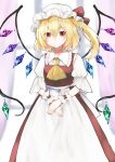  1girl absurdres ascot blonde_hair blurry blurry_background collar commentary_request flandre_scarlet frilled_collar frilled_sleeves frills hair_between_eyes hat highres looking_at_viewer mob_cap multicolored_wings parted_lips puffy_short_sleeves puffy_sleeves red_eyes red_vest short_sleeves side_ponytail solo touhou vest white_headwear window wings wrist_cuffs yellow_ascot yurara_(aroma42enola) 
