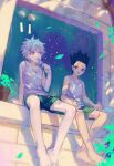  2boys bare_arms bare_legs black_hair blue_eyes blue_shorts brick brown_eyes bush crossed_legs eating feet fingernails food full_body gon_freecss green_shorts holding holding_food holding_popsicle hunter_x_hunter killua_zoldyck leaf looking_at_another male_focus messy_hair multiple_boys open_mouth pale_skin partially_undressed plant popsicle potted_plant short_hair short_shorts shorts sitting smile spiked_hair tank_top toes white_hair white_tank_top window yanmian_(printemps-noir) 