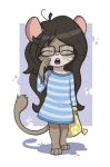  2019 aggie_(artist) anthro brown_fur brown_hair buckteeth clothed clothing cub digital_media_(artwork) dormouse eyes_closed eyewear female fur glasses hair long_hair mammal open_mouth pajama_shirt pillow rodent simple_background solo standing teeth tired whiskers yawn young 