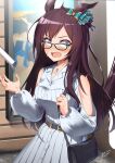  1girl animal_ears black_hair blurry blurry_background breasts casual cellphone clothing_cutout glasses hair_ornament hairclip horse_ears horse_girl horse_tail kagami_(haret46) long_hair looking_at_viewer medium_breasts mejiro_dober_(umamusume) open_mouth phone shoulder_cutout solo surprised sweat tail umamusume 