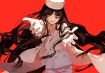  bangs black_hair buttons dhiea double-breasted formal fur_hat girlycard gloves hat hellsing hellsing:_the_dawn long_hair necktie outstretched_arms red_background red_eyes simple_background slit_pupils smile solo suit tsurime uneven_eyes white_suit 