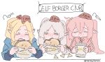  3girls alternate_hairstyle alternate_race blonde_hair blue_robe blush bocchi_the_rock! braid burger chips_(food) closed_eyes crossover drinking_straw drinking_straw_in_mouth dungeon_meshi eating english_text food french_braid frieren gotoh_hitori hair_ribbon hat highres holding holding_food jacket long_hair marcille_donato mcdonald&#039;s mini_hat multiple_crossover multiple_girls pink_jacket pointy_ears potato_chips red_headwear red_ribbon ribbon robe simple_background sousou_no_frieren track_jacket twintails twitter_username white_background white_hair yunayuispink 