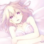  bare_shoulders bed_sheet blonde_hair bra breasts collarbone colored_eyelashes crossed_arms long_hair looking_at_viewer lowres lying maribel_hearn medium_breasts midorino_eni on_back open_mouth purple_bra purple_eyes slit_pupils solo touhou underwear underwear_only upper_body wavy_hair 