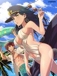  1girl abs beach breasts cloud day dutch_angle earrings from_below genderswap genderswap_(mtf) green_eyes green_hair hat highres holding holding_eyewear innertube jewelry jojo_no_kimyou_na_bouken kakyouin_noriaki kotatsu_(g-rough) kuujou_joutarou large_breasts lens_flare long_hair male_swimwear navel open_clothes open_shirt outdoors parted_lips peaked_cap red_eyes red_hair shirt sky summer sunglasses swim_trunks swimsuit swimwear torn_clothes 