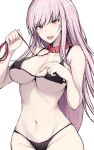  1girl absurdres bikini black_bikini blunt_bangs breasts collar highres holding holding_leash hololive hololive_english large_breasts leash long_hair mori_calliope navel open_mouth pink_hair red_collar red_eyes sak1_01 sidelocks solo swimsuit virtual_youtuber white_background 