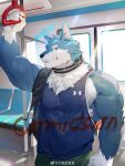  1boy animal_ears bara blue_fur blue_halo bus_interior commission cowboy_shot furry furry_male grin halo highres icelernd large_pectorals looking_at_viewer male_focus muscular muscular_male original pectorals shirt short_hair sidepec sleeveless sleeveless_shirt smile solo sunlight thick_eyebrows two-tone_fur wolf_boy wolf_ears 