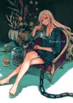  1girl akagi_shun bare_legs barefoot blonde_hair breasts buttons candle chain chair cleavage closed_mouth crossed_legs green_eyes green_jacket grey_nails head_tilt holding holding_chain holding_jar jacket jar long_hair long_sleeves mole mole_under_eye nail_polish original plant potted_plant sidelocks sitting solo star_(symbol) toenail_polish toenails twitter_username watermark 