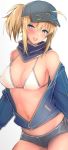  1girl :d ahoge artoria_pendragon_(all) bare_shoulders baseball_cap bikini black_hat black_shorts blonde_hair blue_eyes blue_jacket blue_scarf blush breasts cleavage commentary_request cowboy_shot fate/grand_order fate_(series) hair_through_headwear hat head_tilt jacket large_breasts long_hair long_sleeves looking_at_viewer micro_shorts mobu mysterious_heroine_xx_(foreigner) navel off_shoulder open_clothes open_jacket open_mouth ponytail scarf shorts side-tie_bikini sidelocks simple_background smile solo standing stomach swimsuit white_background white_bikini_top 