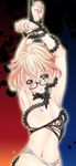  ahoge armpits arms_up baiguiyu blonde_hair glasses green_eyes looking_at_viewer male_focus navel nipples nude original otoko_no_ko parted_lips restrained solo torn_clothes 