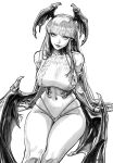  1girl bat_wings breasts bridal_gauntlets cropped_sweater elbow_gloves etama_quomo gloves greyscale head_wings hime_cut invisible_chair large_breasts legs_together lips long_hair looking_at_viewer low_wings meme_attire mole mole_under_eye monochrome morrigan_aensland multi-strapped_panties navel sideboob sitting skindentation solo vampire_(game) virgin_destroyer_sweater wings 