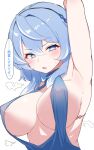  1girl absurdres ako_(blue_archive) ako_(dress)_(blue_archive) areola_slip arm_behind_head armpits black_hairband blue_archive blue_dress blue_eyes blue_hair blush breasts cleavage commentary_request covered_nipples dress hair_between_eyes hairband highres large_breasts looking_at_viewer medium_hair noaa official_alternate_costume open_mouth simple_background solo speech_bubble sweat translation_request underwear white_background 