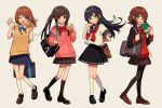  4girls :d ;d arisa_(aren) arm_behind_back bag black_eyes black_footwear black_hair black_jacket black_sailor_collar black_skirt black_socks blazer blouse blue_eyes blue_ribbon blush book bow bowtie brown_footwear brown_hair brown_pantyhose brown_skirt brown_sweater_vest buttoned_cuffs buttons cardigan closed_mouth collared_shirt commentary dot_nose drink drinking_straw full_body green_eyes grey_background grin hair_ornament hairclip hand_up heart holding holding_book holding_drink holding_strap jacket kneehighs long_hair long_sleeves looking_at_viewer medium_hair multiple_girls neck_ribbon neckerchief one_eye_closed open_book open_clothes open_jacket open_mouth orange_eyes original pantyhose pink_cardigan pink_eyes plaid plaid_skirt pleated_skirt purple_skirt red_bow red_bowtie red_neckerchief red_sweater ribbon sailor_collar school_bag shirt shoes shoulder_bag signature simple_background skirt smile socks standing sticker striped_bow striped_bowtie striped_clothes sweater sweater_vest twintails w waving white_shirt white_socks 