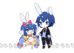  1boy 1girl 7takada absurdly_long_hair animal_ears belt black_jacket black_necktie black_pants blue_eyes blue_gloves blue_hair blue_vest boots bow bowtie braid chibi collared_shirt dress gloves hair_bow hair_ribbon headphones headset heart holding_hands jacket kaito_(vocaloid) kemonomimi_mode long_hair long_sleeves looking_at_another looking_to_the_side low-braided_long_hair necktie open_mouth otomachi_una pants puffy_short_sleeves puffy_sleeves rabbit rabbit_ears red_bow red_bowtie red_dress ribbon shirt shoes short_hair short_sleeves sidelocks sleeve_cuffs sleeves_rolled_up smile socks standing standing_on_one_leg striped_clothes striped_dress striped_shirt thigh_belt thigh_strap twin_braids twintails two-tone_dress vertical-striped_clothes vertical-striped_shirt very_long_hair vest vocaloid white_background yellow_dress yellow_socks yellow_wings 