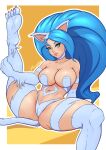 animal_ears animal_humanoid animal_tail big_breasts big_hair blue_body blue_fur blue_hair breasts camel_toe capcom cat_humanoid darkstalkers eyelashes felicia_(darkstalkers) felid felid_humanoid feline feline_humanoid female fur green_eyes hair hi_res humanoid long_hair looking_at_viewer mammal mammal_humanoid naturally_censored navel nipple_outline pupils raised_leg simple_background slit_pupils solo spread_legs spreading tan_body tan_skin thick_thighs white_background wide_hips yellow_background zerockart