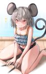  1girl animal_ears bikini blush closed_mouth frilled_bikini frills full_body grey_hair highres looking_at_viewer maboroshi_mochi mouse_ears mouse_girl mouse_tail musical_note navel nazrin poolside red_eyes seiza short_hair sitting smile solo swimsuit tail touhou wet 