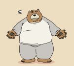 2024 anthro bear belly black_nose blush bottomwear brown_body clothing dot_eyes hi_res kemono male mammal overweight overweight_male pants pommn_mn simple_background solo
