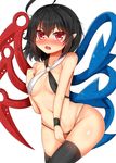  :o ahoge asymmetrical_wings bare_arms bare_shoulders bikini black_hair black_legwear blue_wings blush breasts collarbone cowboy_shot full-face_blush groin highres houjuu_nue lips medium_breasts navel o-ring o-ring_swimsuit open_mouth pointy_ears red_eyes red_wings revealing_clothes short_hair simple_background slingshot_swimsuit solo standing stomach sweatdrop swimsuit thighhighs thighs tokoya_(ex-hetare) touhou underboob white_background wings wristband 