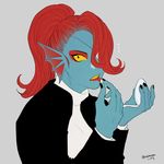  2016 anthro blue_skin clothed clothing eye_patch eyewear female fish hair hair_over_eye lipstick long_hair looking_at_viewer marine ponytail portrait red_hair ryokutya1107 sharp_teeth simple_background solo teeth undertale undyne video_games yellow_eyes 