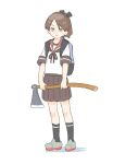  1girl axe backpack bag black_socks brown_eyes brown_hair brown_neckerchief brown_sailor_collar brown_skirt full_body holding holding_axe jibakurei_(elite_unchi) kantai_collection medium_hair neckerchief pleated_skirt ponytail sailor_collar shikinami_(kancolle) simple_background skirt socks solo standing white_background 