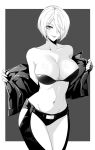  1girl absurdres angel_(kof) bare_shoulders belt black872233196 blush bra breasts chaps cleavage collarbone commentary_request fingerless_gloves gloves grey_background greyscale hair_over_one_eye highres jacket large_breasts looking_at_viewer monochrome navel open_clothes open_jacket panties short_hair simple_background smile stomach strapless strapless_bra the_king_of_fighters the_king_of_fighters_2001 tongue tongue_out underwear 