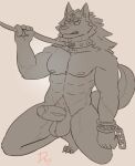 absurd_res anthro balls canid canine clenched_teeth collar collar_only cuff_(restraint) dangermons fur genitals hi_res humanoid leash leash_pull link_(wolf_form) male mammal muscular nintendo nipples nude penis restraints shackles simple_background solo teeth the_legend_of_zelda thick_penis