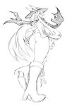  absurdres ass boots bottomless food food_on_head fruit fruit_on_head full_body greyscale hand_on_hip hat high_heel_boots high_heels highres hinanawi_tenshi king_(ougon_kingyo-bachi) knee_boots long_hair looking_at_viewer looking_back looking_down monochrome object_on_head peach scarf sketch smile smug solo thick_thighs thighs torn_scarf touhou very_long_hair 
