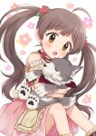  1girl ahoge animal_hug bare_shoulders blush breasts brown_eyes brown_hair dog dot_nose floral_background flower flower_necklace from_side hair_flower hair_ornament hakozaki_serika hiiringu idolmaster idolmaster_million_live! idolmaster_million_live!_theater_days knees_up long_hair looking_at_viewer open_mouth pink_skirt red_flower shirt sitting skirt small_breasts solo twintails very_long_hair white_background yellow_shirt 
