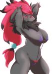  2018 anthro bikini blue_eyes blush breasts canid canine claws clothing dorito_ru female front_view fur grey_fur hair mammal navel nintendo nipples pok&eacute;mon pok&eacute;mon_(species) pubes red_hair simple_background solo standing swimsuit thick_thighs video_games zoroark 