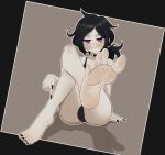  1girl absurdres ashley_graves ass black_choker black_hair black_nails black_panties blush choker feet foot_focus highres looking_at_viewer messy_hair on_ground pale_skin panties ponytail presenting_foot purple_eyes sero solo the_coffin_of_andy_and_leyley toes underwear 
