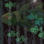  animal bamboo bamboo_forest commentary commentary_request fish fish_skeleton flying_fish forest from_side full_moon highres moon moon_(love-de-lic) nature night no_humans outdoors oversized_animal sakusakufugashi translucent 