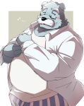 2024 anthro bear belly black_nose blue_body clothing emufu eyewear facial_hair glasses hi_res humanoid_hands kemono male mammal mustache overweight overweight_male shirt solo topwear underwear
