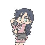 1girl alternate_costume alternate_hairstyle bag black_hair cellphone commentary_request feet_out_of_frame ferret-san green_eyes hair_down holding holding_phone kantai_collection long_hair phone pink_suit simple_background skirt skirt_suit solo souryuu_(kancolle) suit thick_eyebrows wavy_hair white_background 